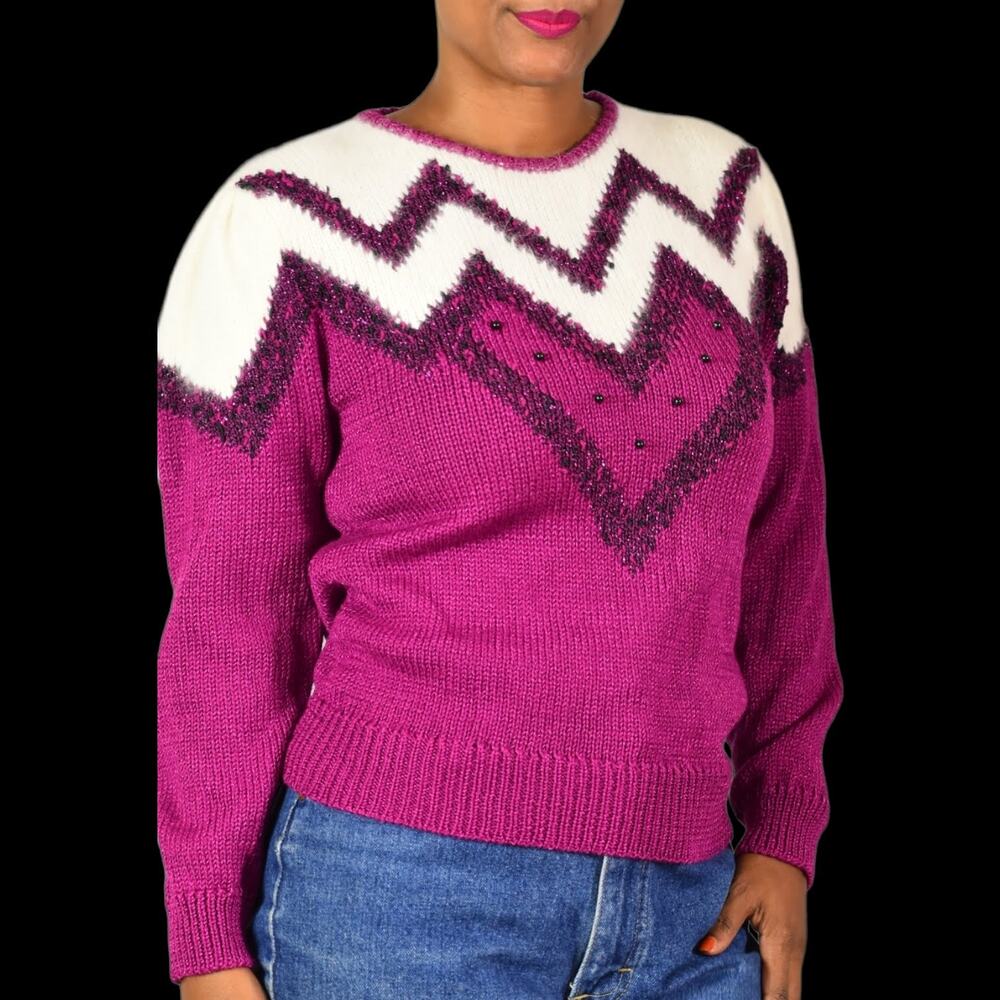 Petite Sophisticate Vintage Sweater Purple Chevron Magenta Beaded 80s Size Small